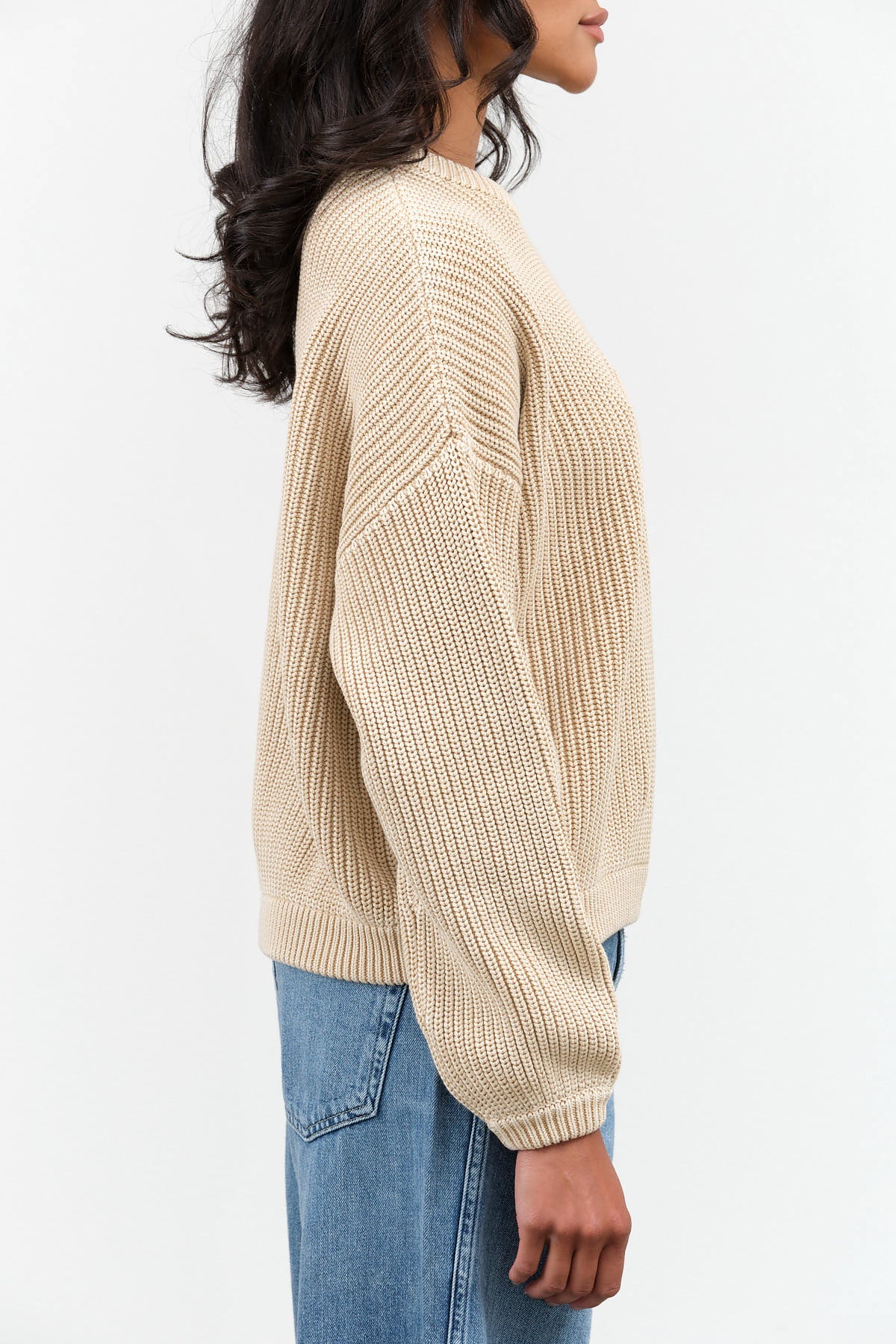 Designer Demylee Long Sleeve Cotton Grant Sweater in Sandstone Tan