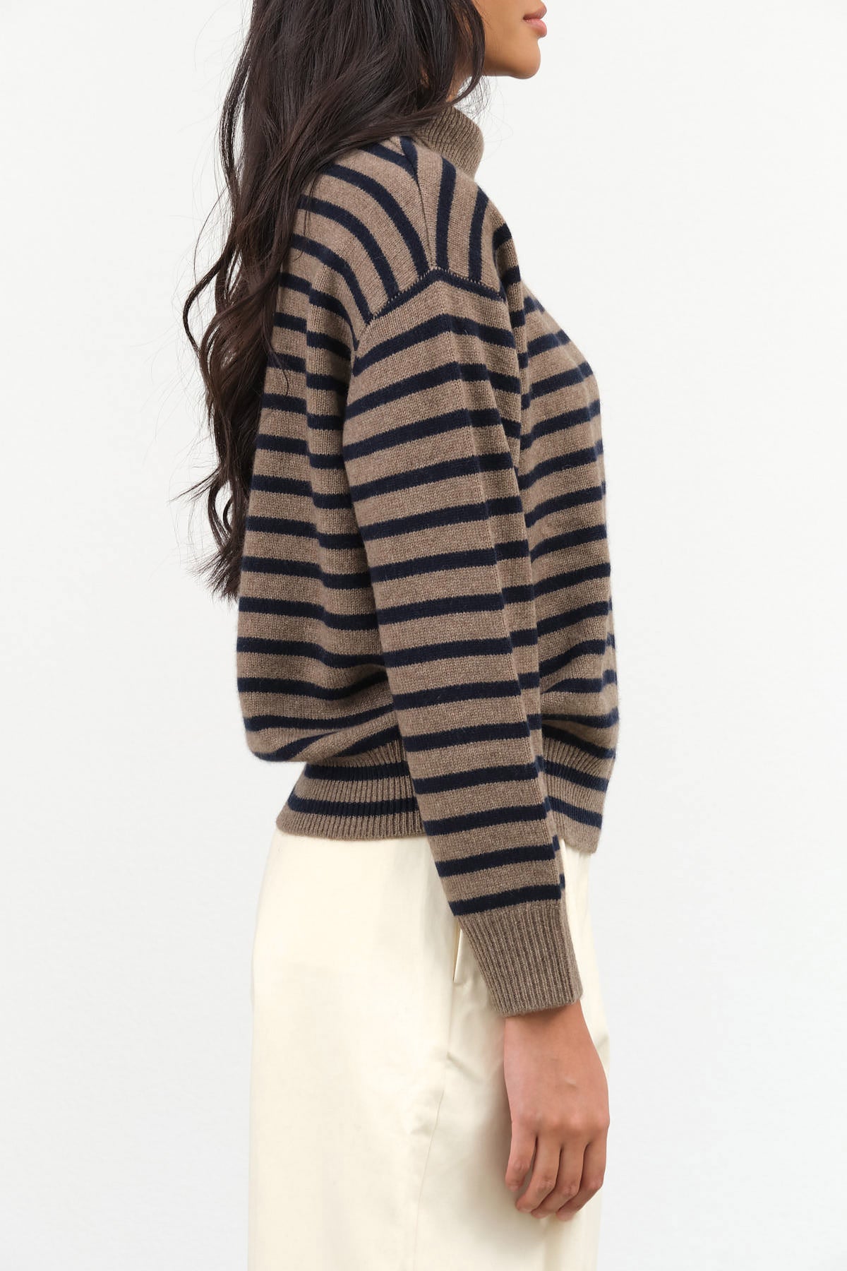 Demylee New York Hannes Turtleneck Cashmere Sweater in Beige and Navy Stripes