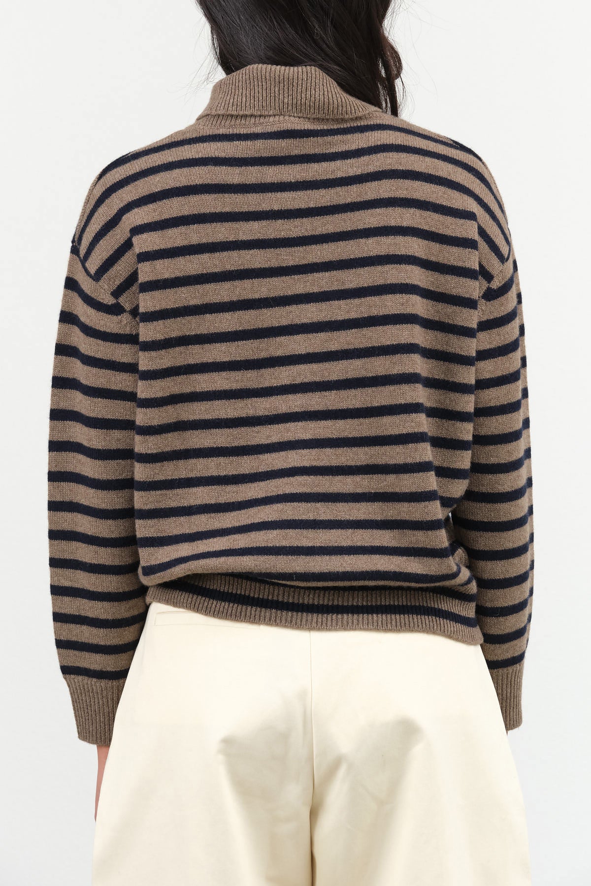 Beige and Navy Stripes Hannes Turtleneck Cashmere Sweater by Demylee New York Designer Brand 