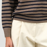 Hannes Turtleneck Cashmere Sweater in Beige and Navy Stripes by Demylee New York Designer Brand 