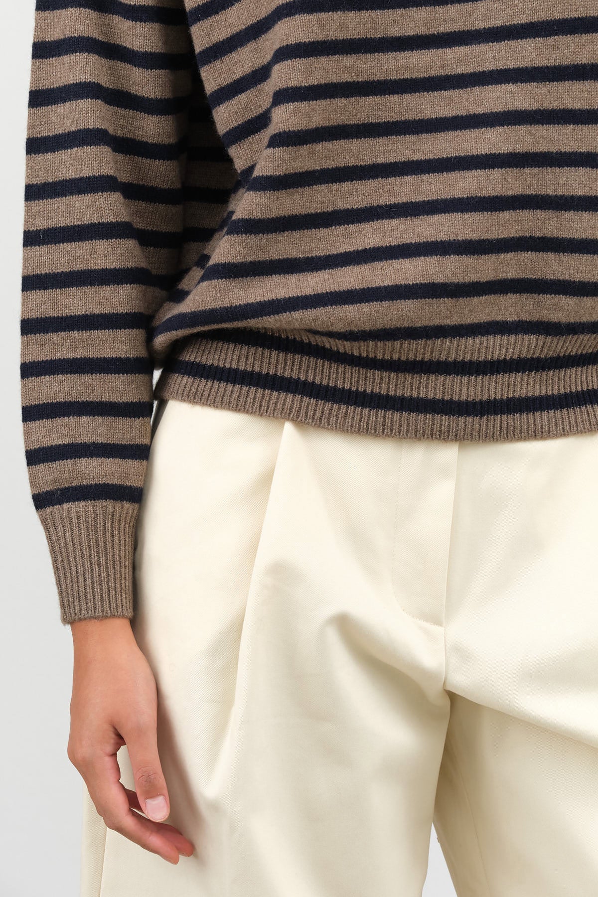 Hannes Turtleneck Cashmere Sweater in Beige and Navy Stripes by Demylee New York Designer Brand 