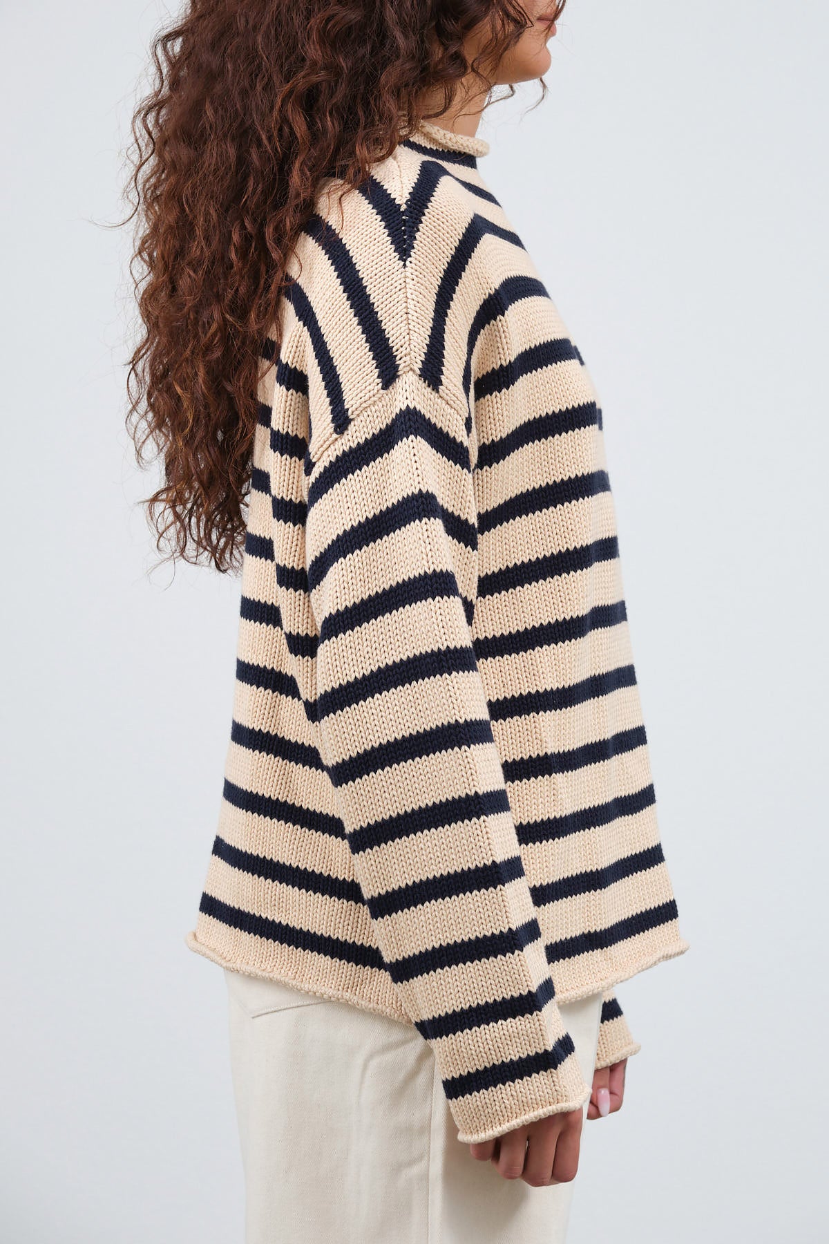 Demylee Long Sleeve Lamis Striped Cotton Sweater in Natural and Navy