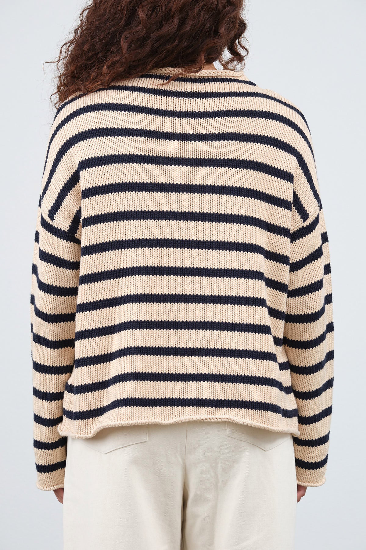 Oversized Lamis Striped Cotton Sweater with Mock Neck in Natural and Navy by Designer Demylee 