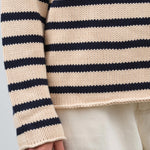 Demylee Long Sleeve Oversized Lamis Striped Sweater in Natural and Navy with Rolled Hems