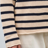 Demylee Long Sleeve Oversized Lamis Striped Sweater in Natural and Navy with Rolled Hems