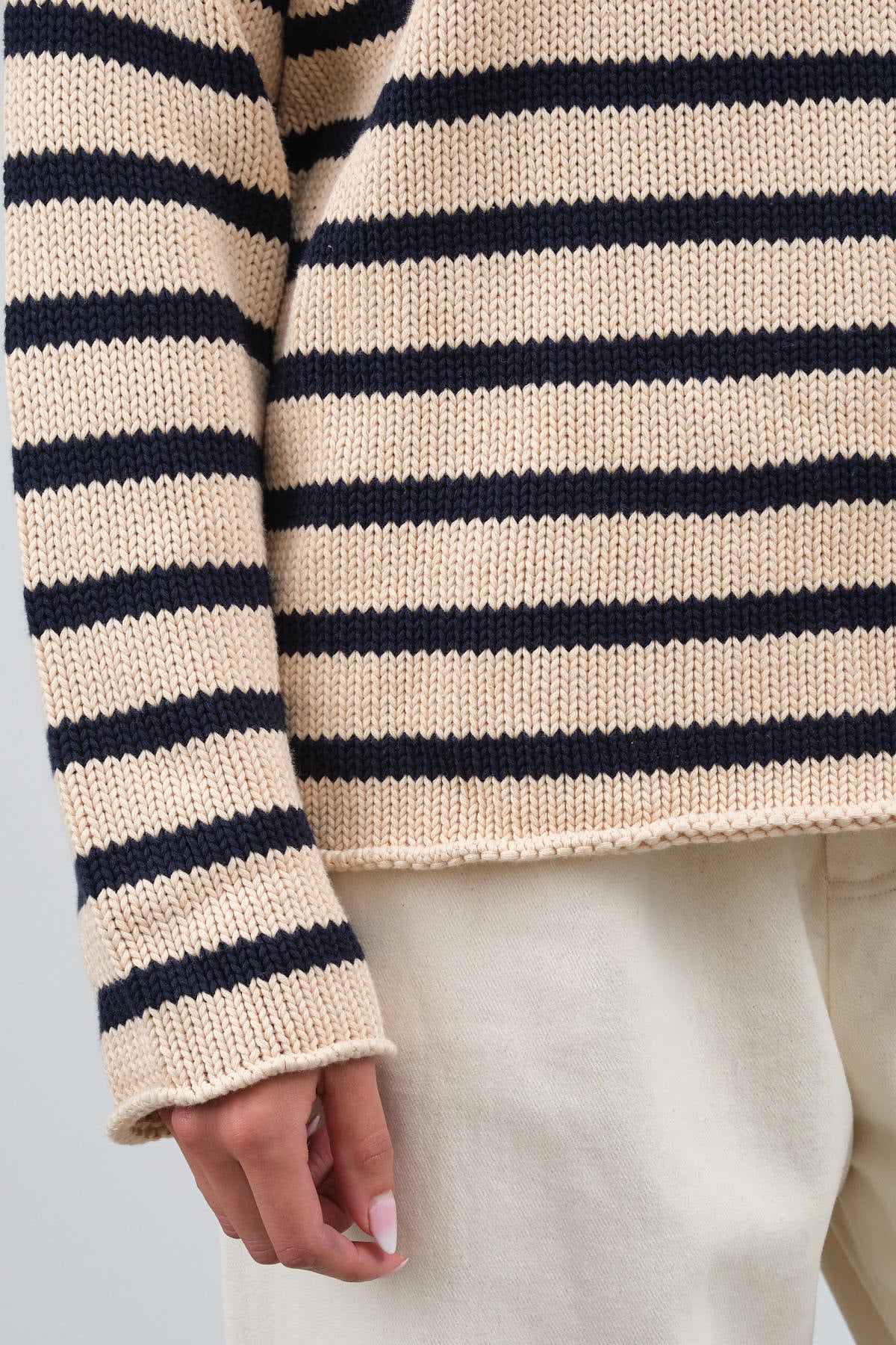 Demylee Long Sleeve Oversized Lamis Striped Sweater in Natural and Navy with Rolled Hems