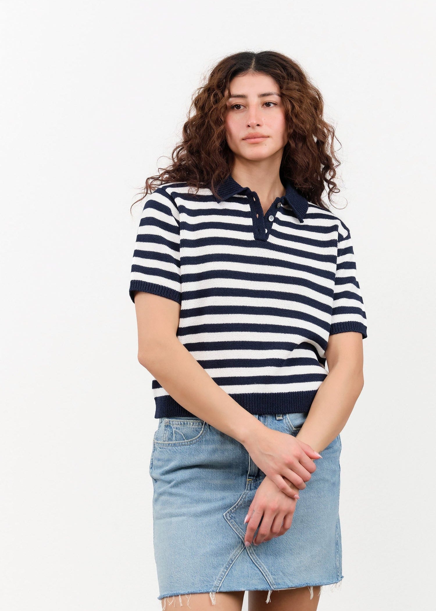 DEMYLEE Apparel Womens Sweaters Luka Stripe Cotton Top Off White/Navy / XSmall