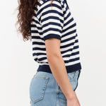 Demylee Designer Brand Short Sleeve Luka Stripe Cotton Polo Top in Off White and Navy