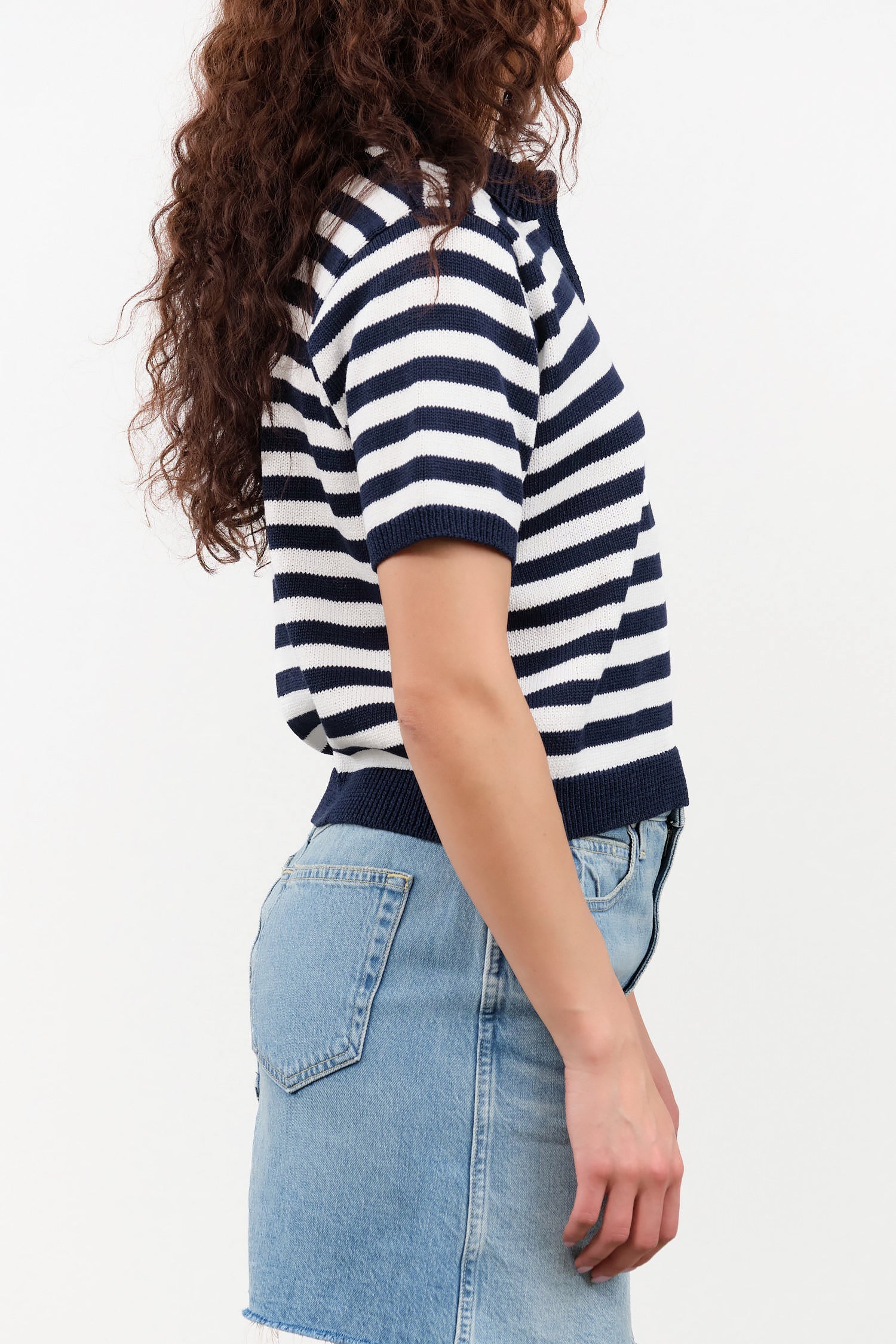 Demylee Designer Brand Short Sleeve Luka Stripe Cotton Polo Top in Off White and Navy