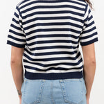 Off White and Navy Stripes Short Sleeve Luka Stripe Cotton Polo Top by Demylee Designer Brand 