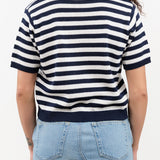 Off White and Navy Stripes Short Sleeve Luka Stripe Cotton Polo Top by Demylee Designer Brand 