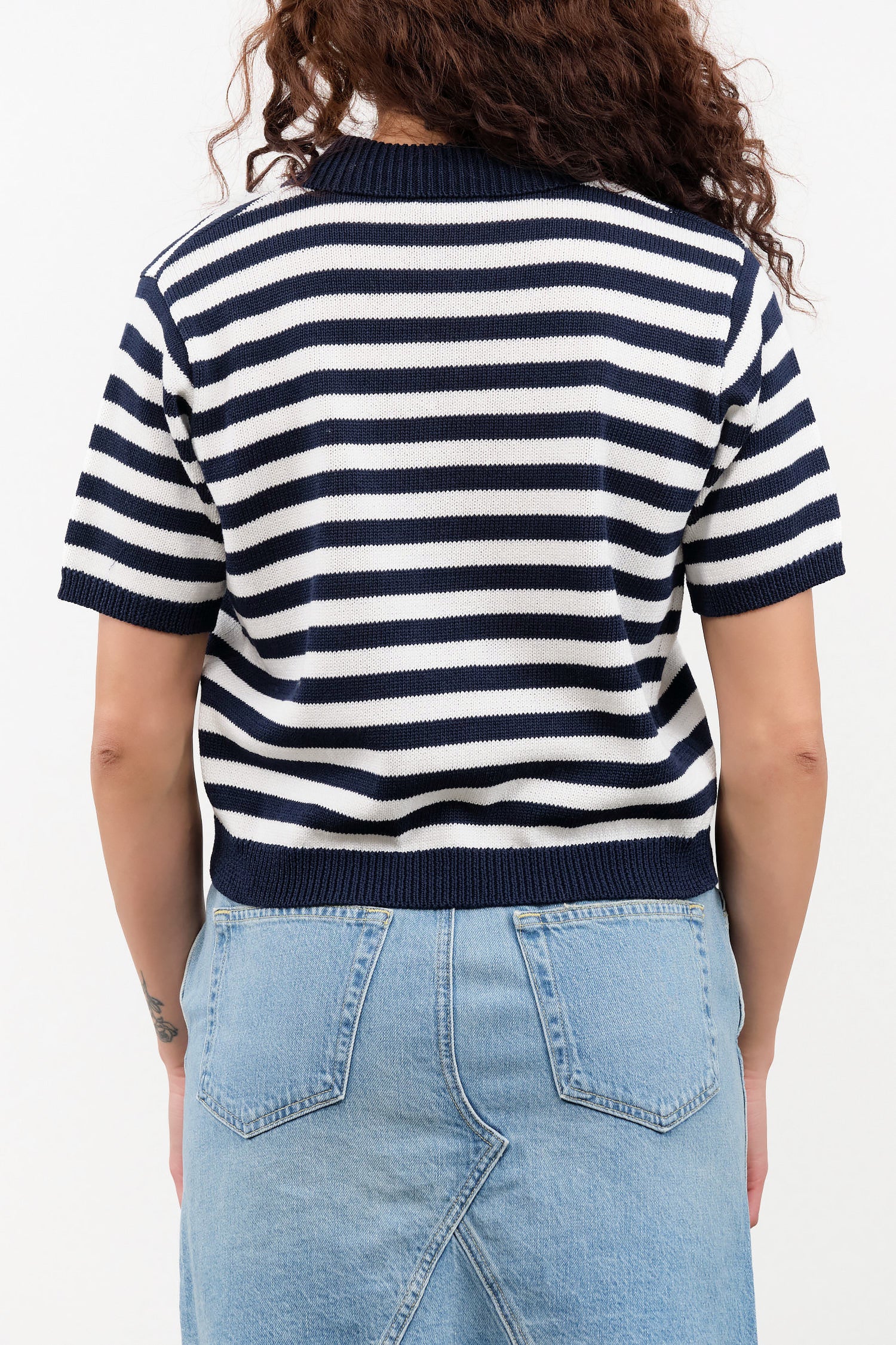 Off White and Navy Stripes Short Sleeve Luka Stripe Cotton Polo Top by Demylee Designer Brand 