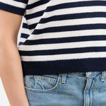 Short Sleeve Luka Stripe Cotton Polo Top in Off White and Navy by Demylee Designer Brand 