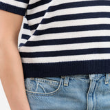 Short Sleeve Luka Stripe Cotton Polo Top in Off White and Navy by Demylee Designer Brand 