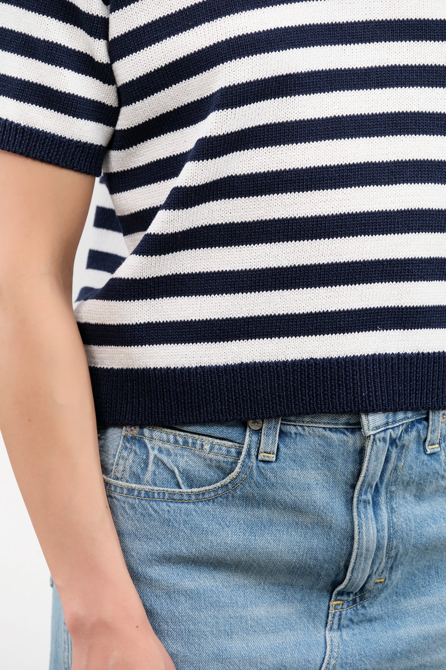 Short Sleeve Luka Stripe Cotton Polo Top in Off White and Navy by Demylee Designer Brand 