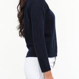 Demylee New York Designer Brand Long Sleeve Cashmere Lulu Sweater in Navy Dark Blue