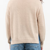 Pearl Barley Tan Long Sleeve Nadin Cotton Linen Sweater with Side Slit by Demylee Designer Brand 