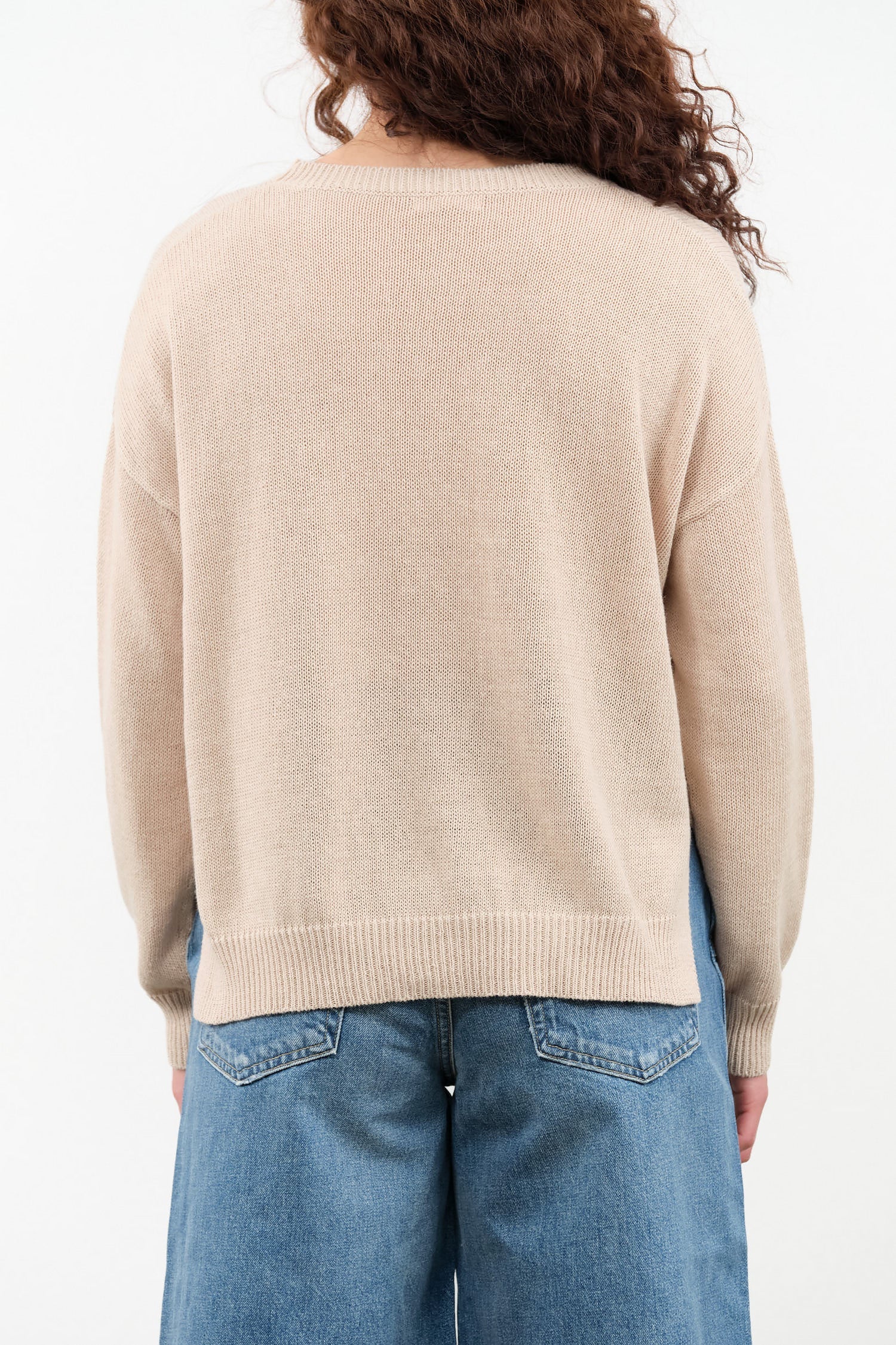 Pearl Barley Tan Long Sleeve Nadin Cotton Linen Sweater with Side Slit by Demylee Designer Brand 