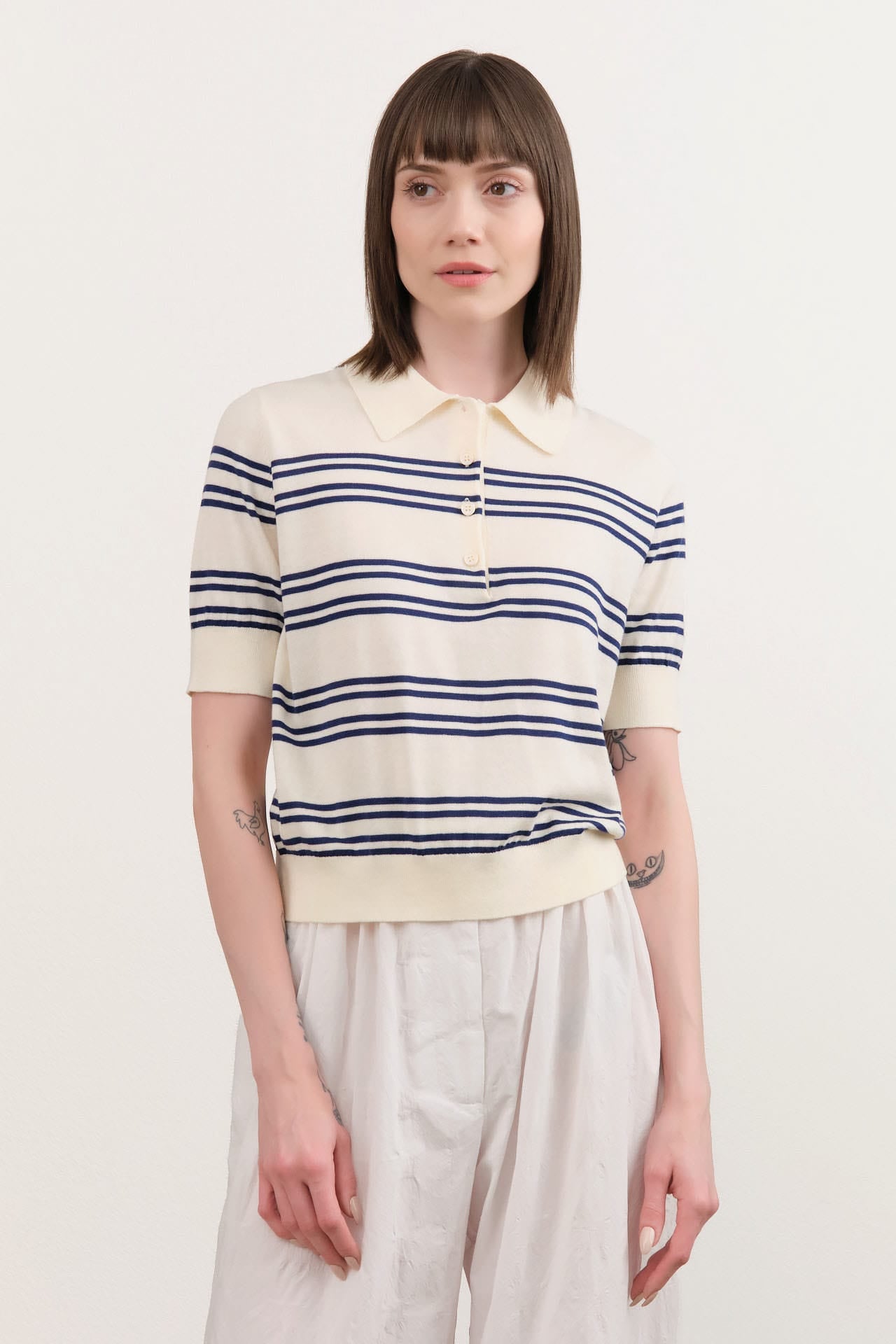 Demylee Apparel Womens Sweaters Norah Stripe Cotton Polo Top