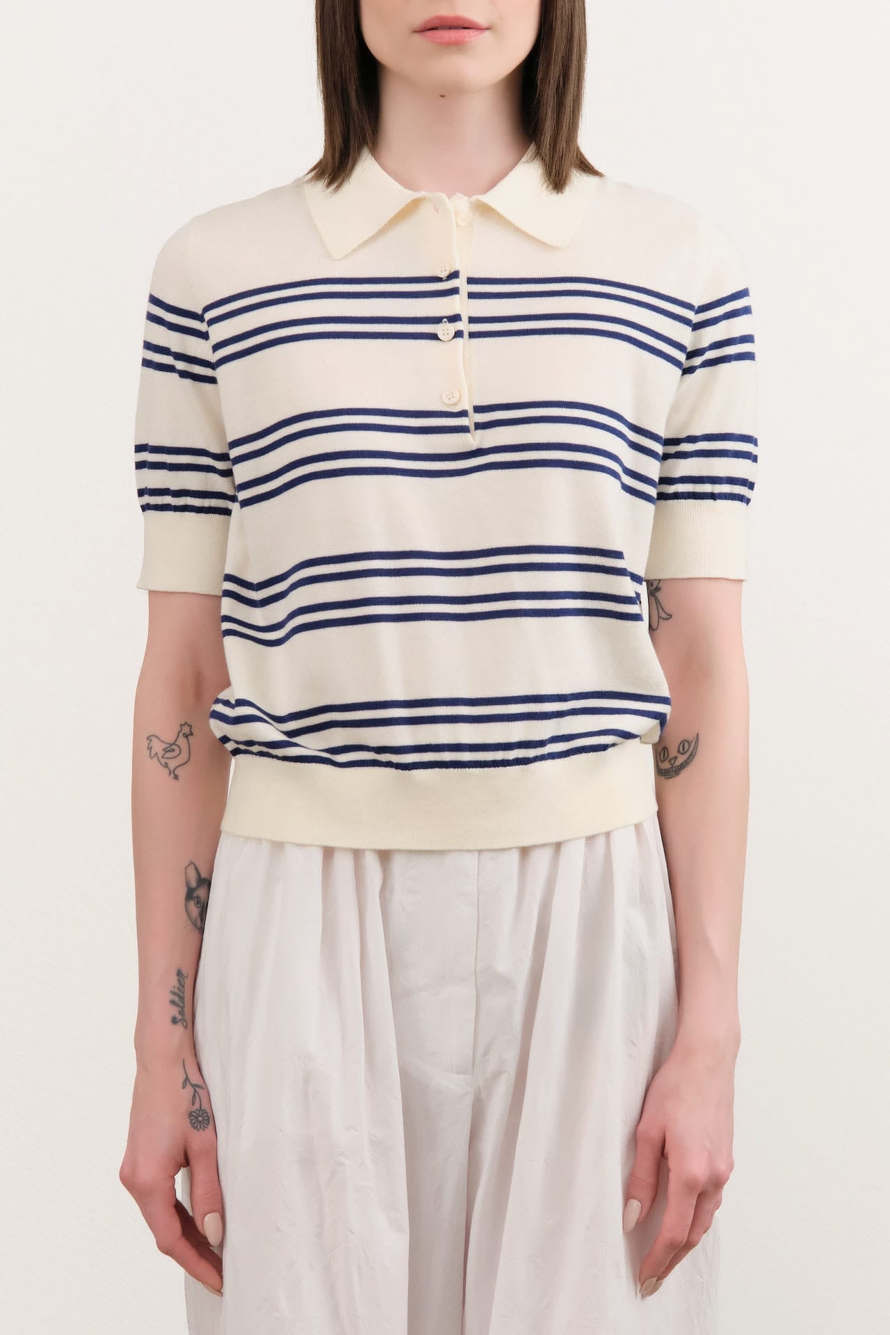 Demylee Apparel Womens Sweaters Norah Stripe Cotton Polo Top
