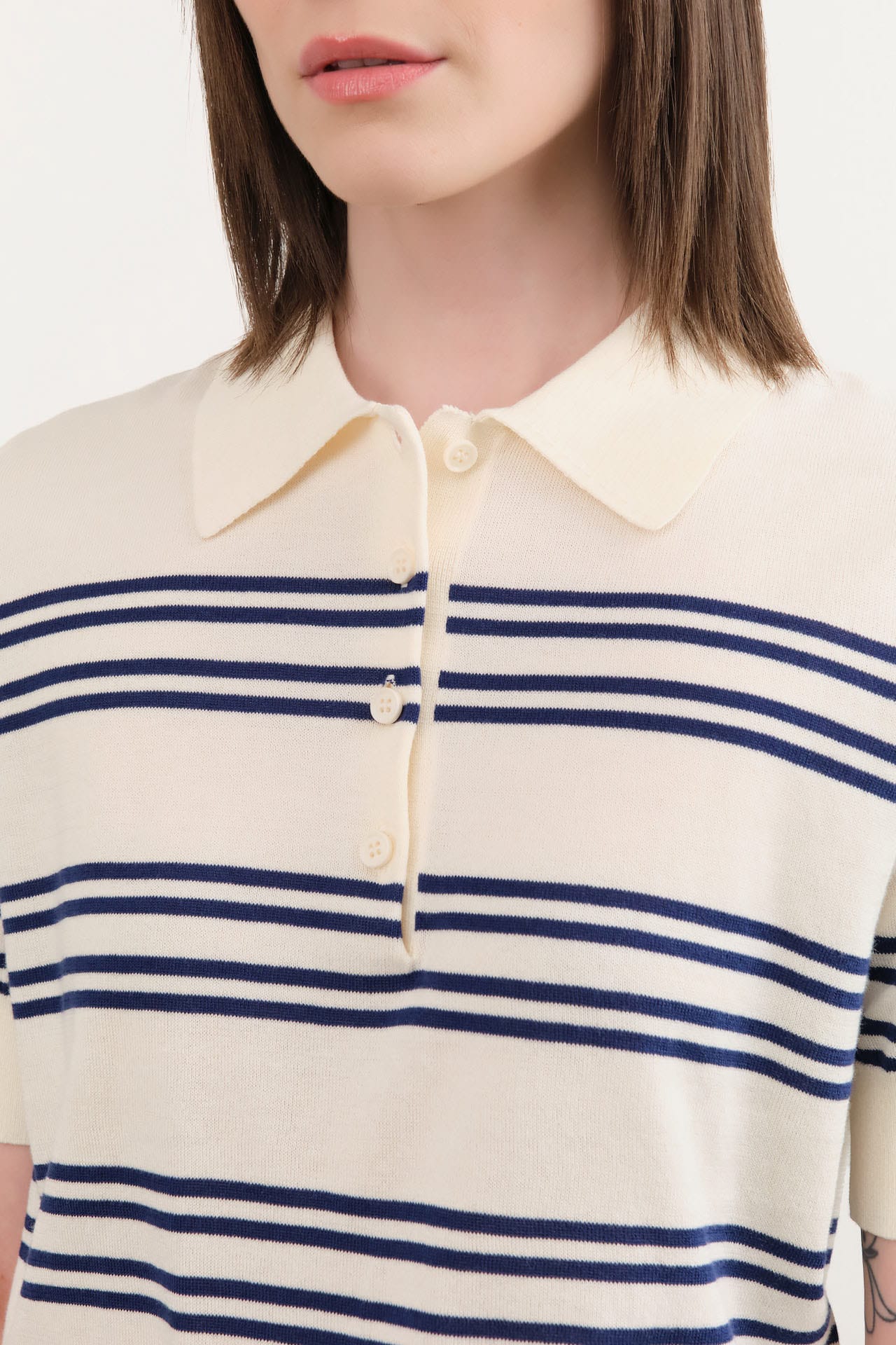 Demylee Apparel Womens Sweaters Norah Stripe Cotton Polo Top