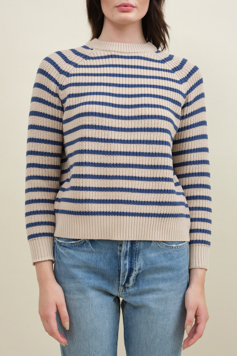 Front of Phoebe Stripe Sweater in Natural/Denim Blue