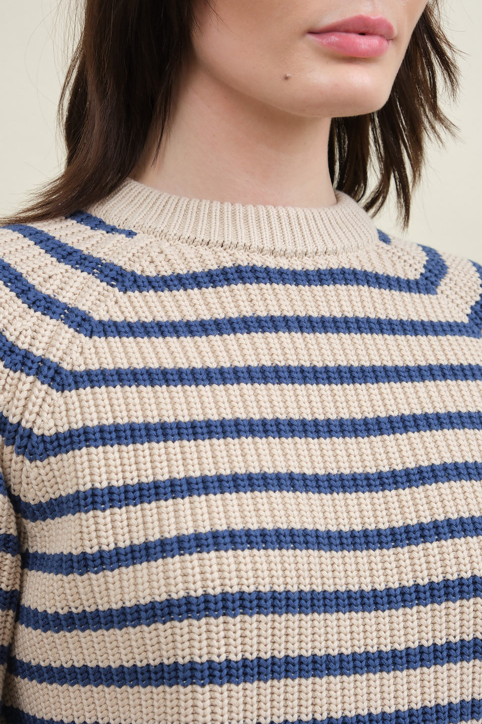 Collar and detailing on Phoebe Stripe Sweater in Natural/Denim Blue