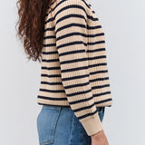 Demylee Long Sleeve Classic Crewneck Phoebe Striped Sweater in Natural and Navy