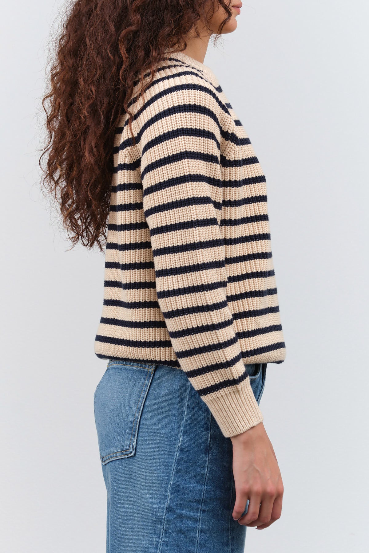 Demylee Long Sleeve Classic Crewneck Phoebe Striped Sweater in Natural and Navy