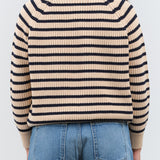 Designer Demylee Crew Neck Knitted Phoebe Striped Cozy Oversized Sweater in Natural Tan and Navy