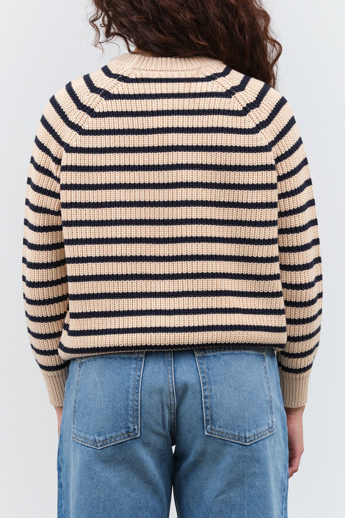 Designer Demylee Crew Neck Knitted Phoebe Striped Cozy Oversized Sweater in Natural Tan and Navy