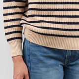 Classic Hem Long Sleeve Cotton Phoebe Striped Sweater in Natural and Navy by Designer Demylee