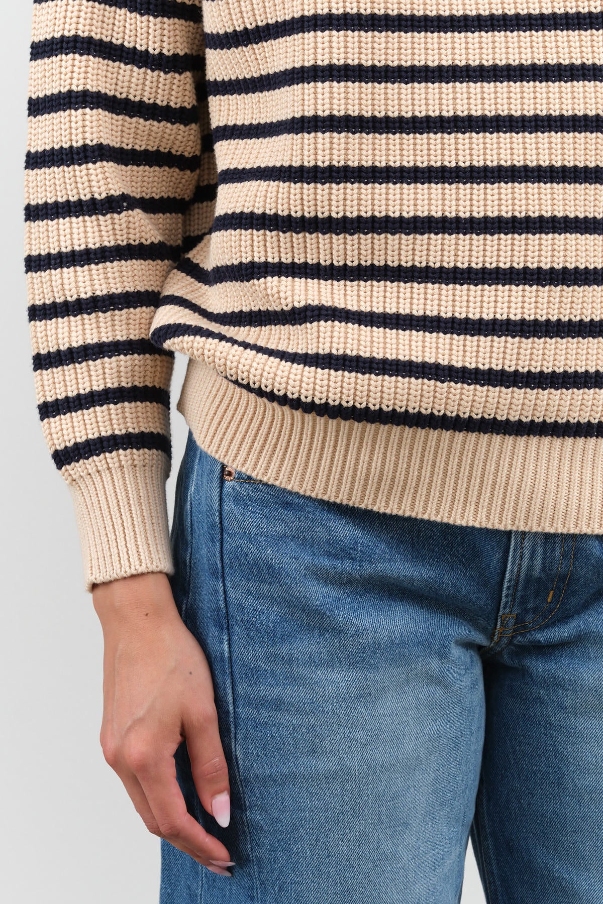 Classic Hem Long Sleeve Cotton Phoebe Striped Sweater in Natural and Navy by Designer Demylee