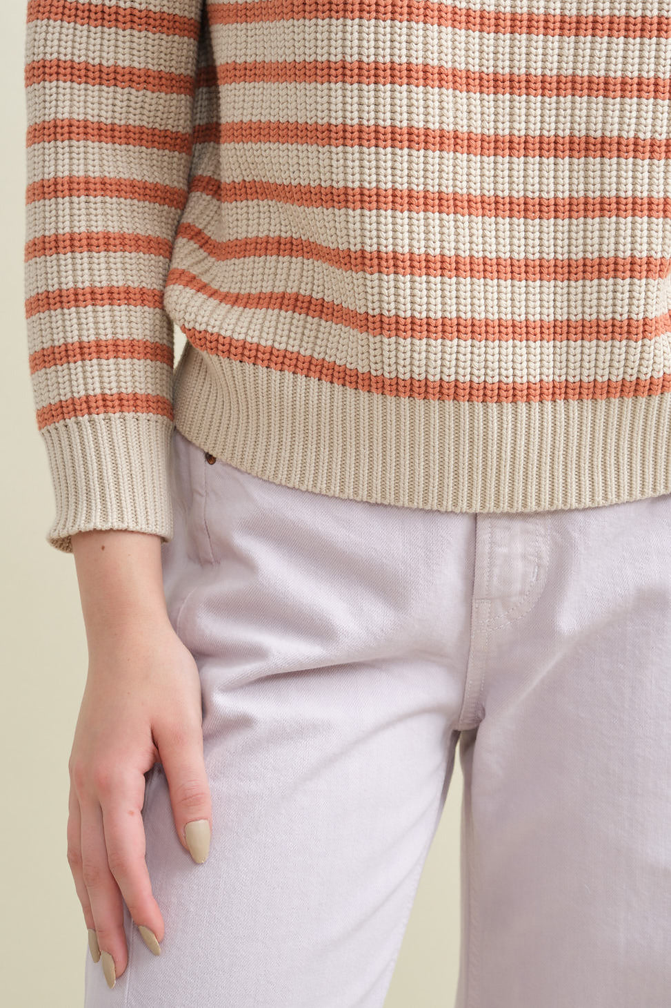 Sleeve and hemline on Phoebe Stripe Sweater in Natural/Rose Ash