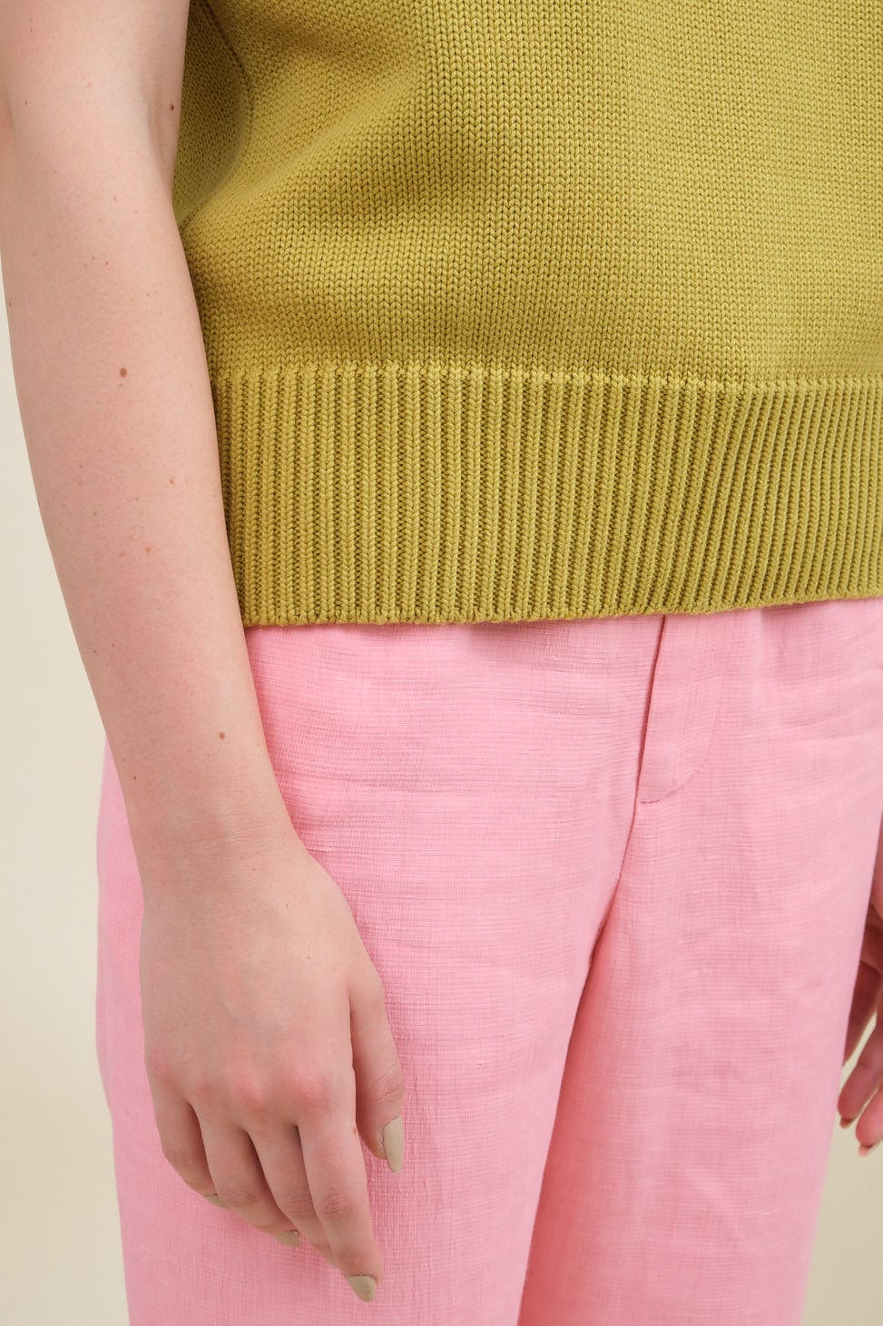 Hemline on Seraphine Vest in Gingko Nut