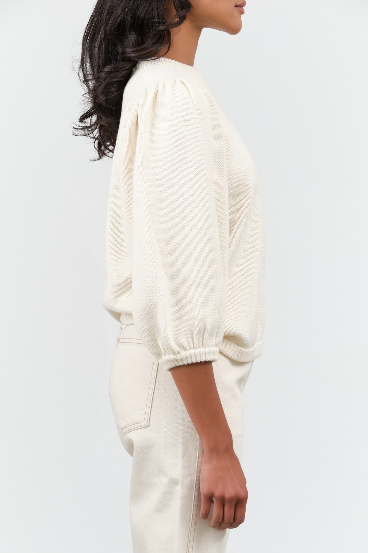 Designer Demylee 3/4 Sleeve Cotton Crewneck Vayn Sweater in Natural White Cream