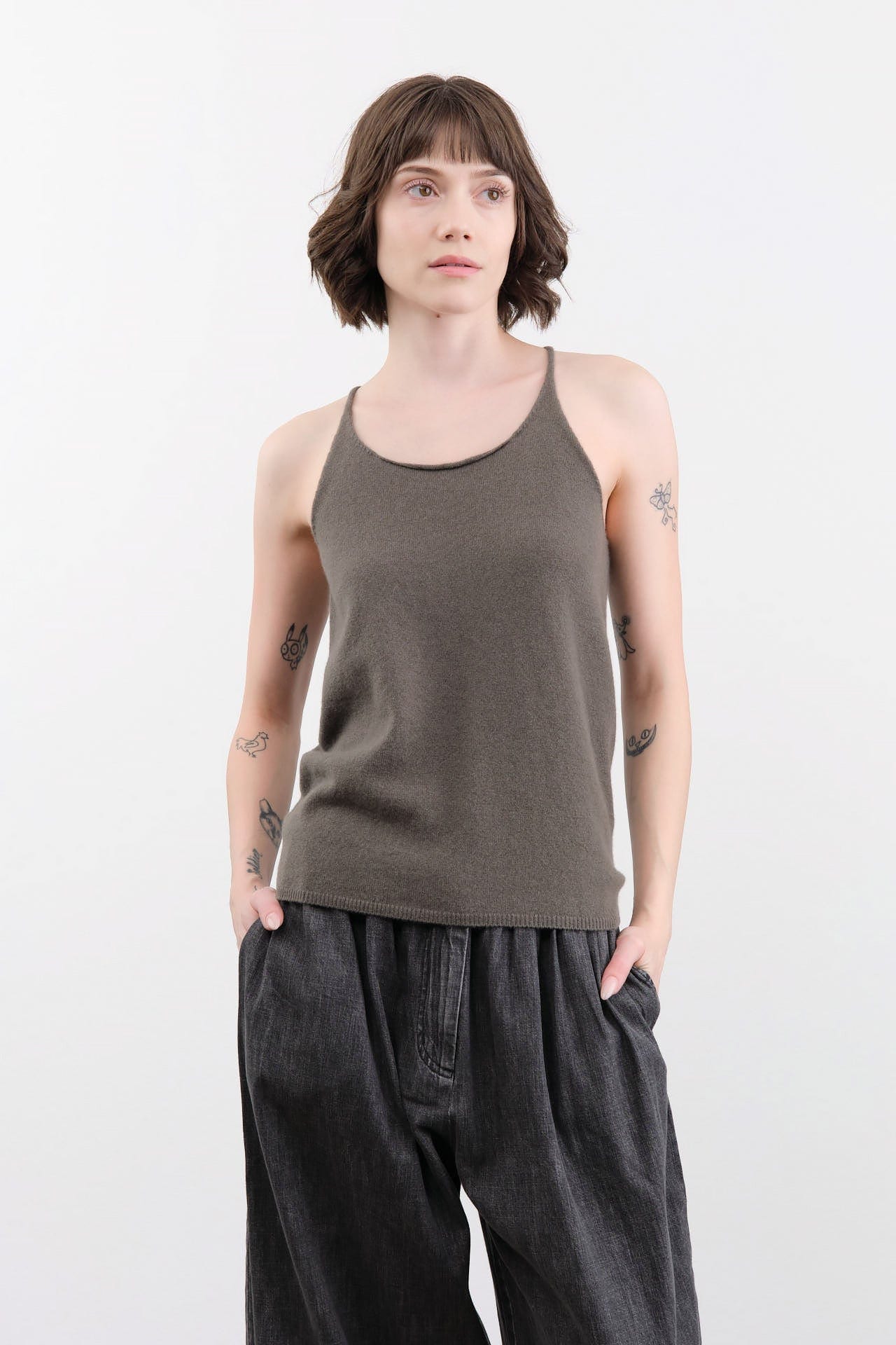 Evam Eva Apparel Womens Blouses Cashmere Camisole in Khaki