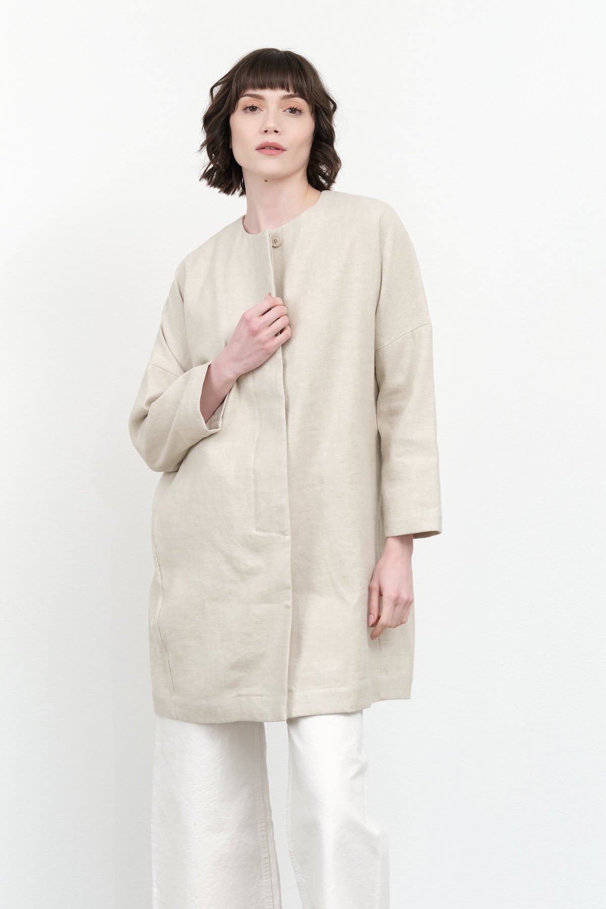Styled Linen Cotton No Collar Coat
