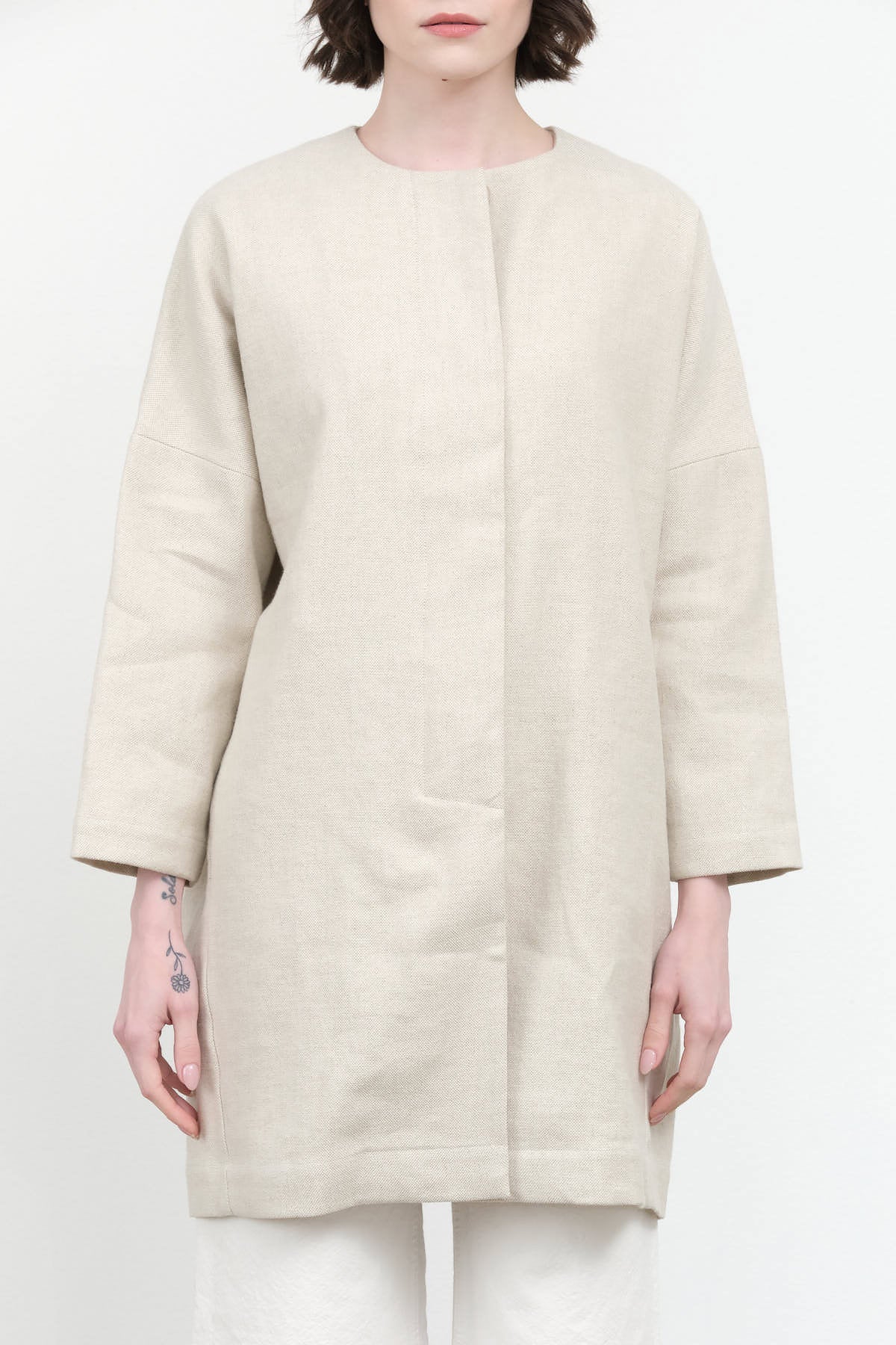 Front view of Linen Cotton No Collar Coat