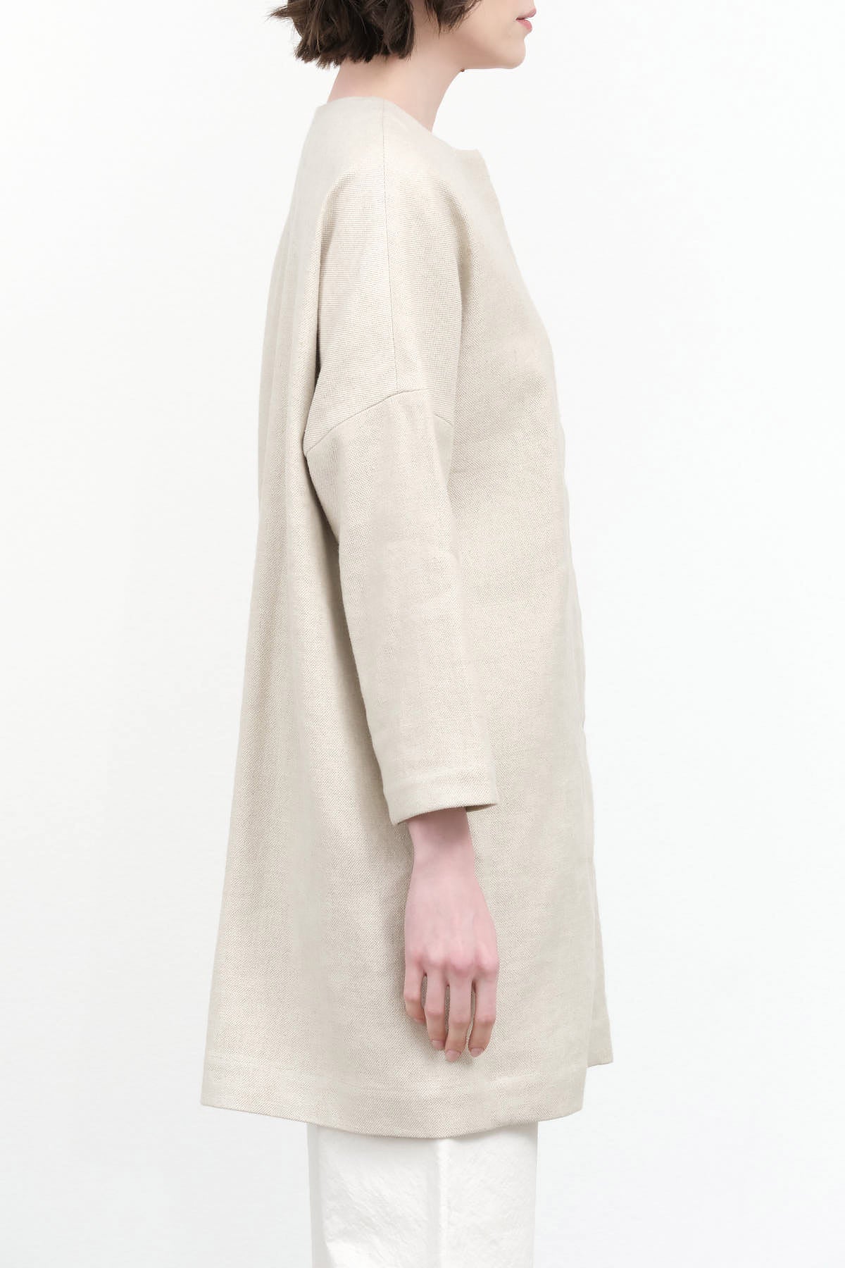 Side view of Linen Cotton No Collar Coat