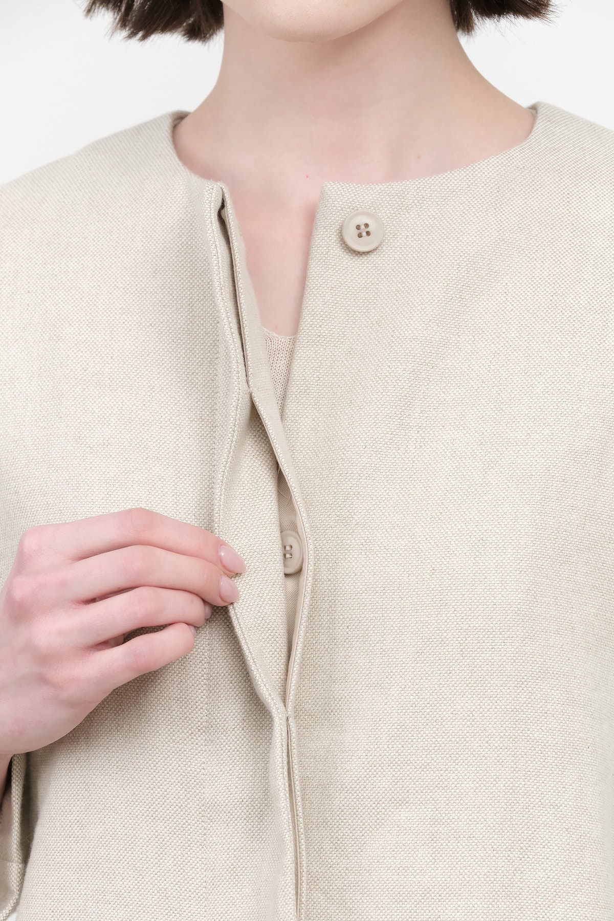 Button view of Linen Cotton No Collar Coat