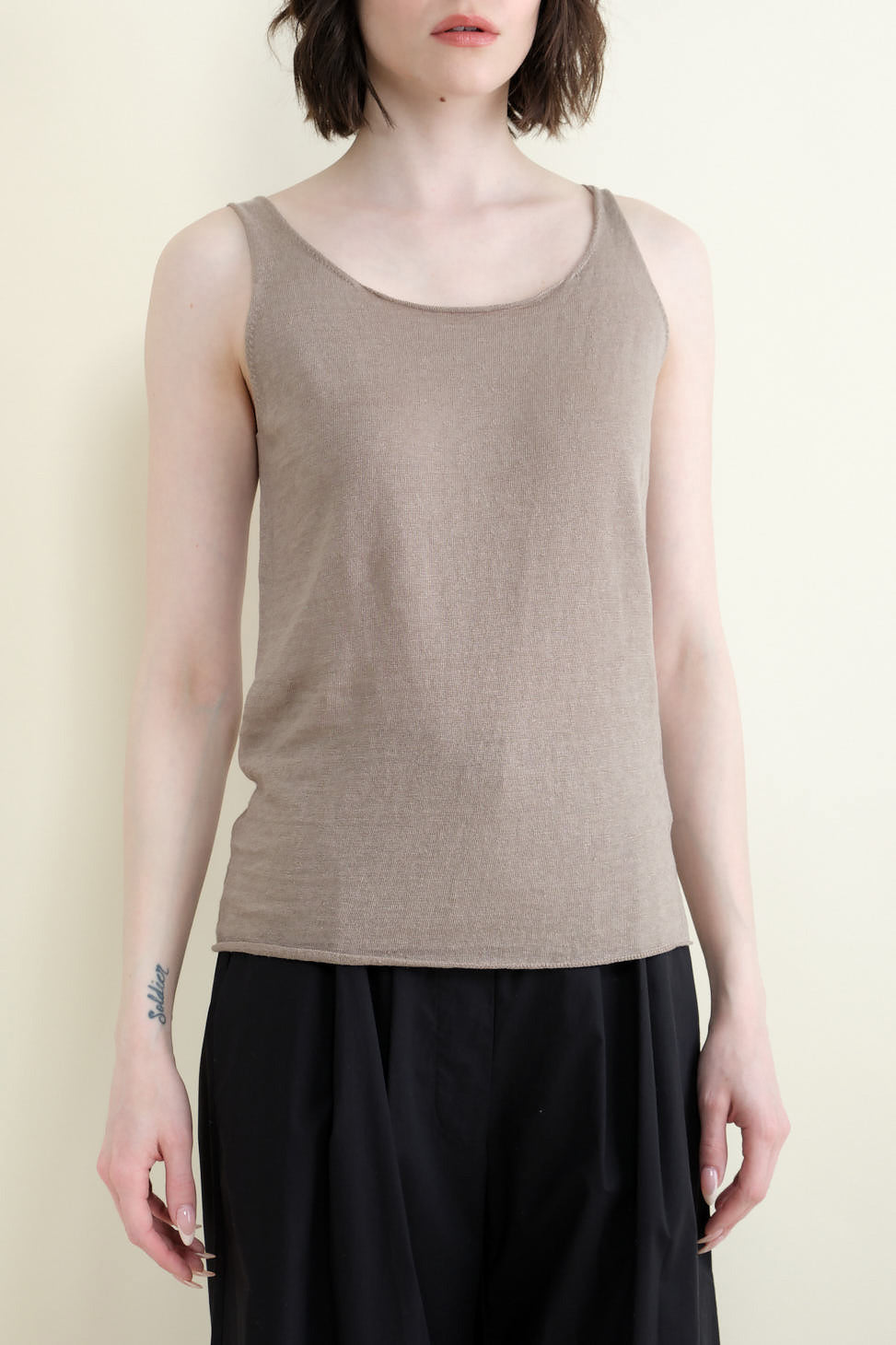 Front of Linen Sleeveless Tank in Grege