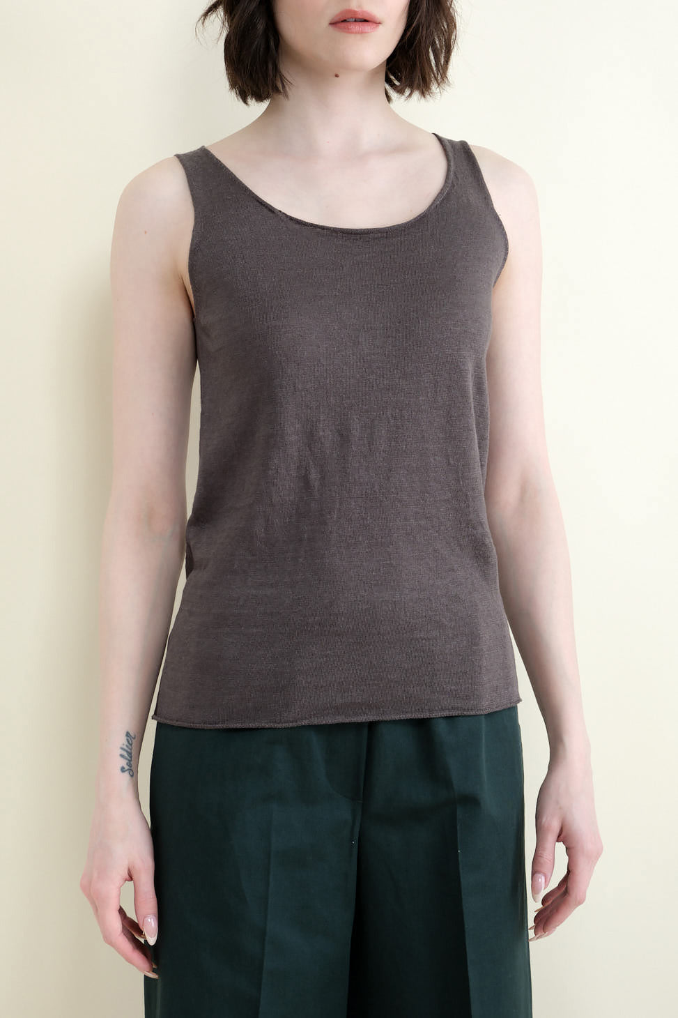 Front of Linen Sleeveless Tank in Stone Gray