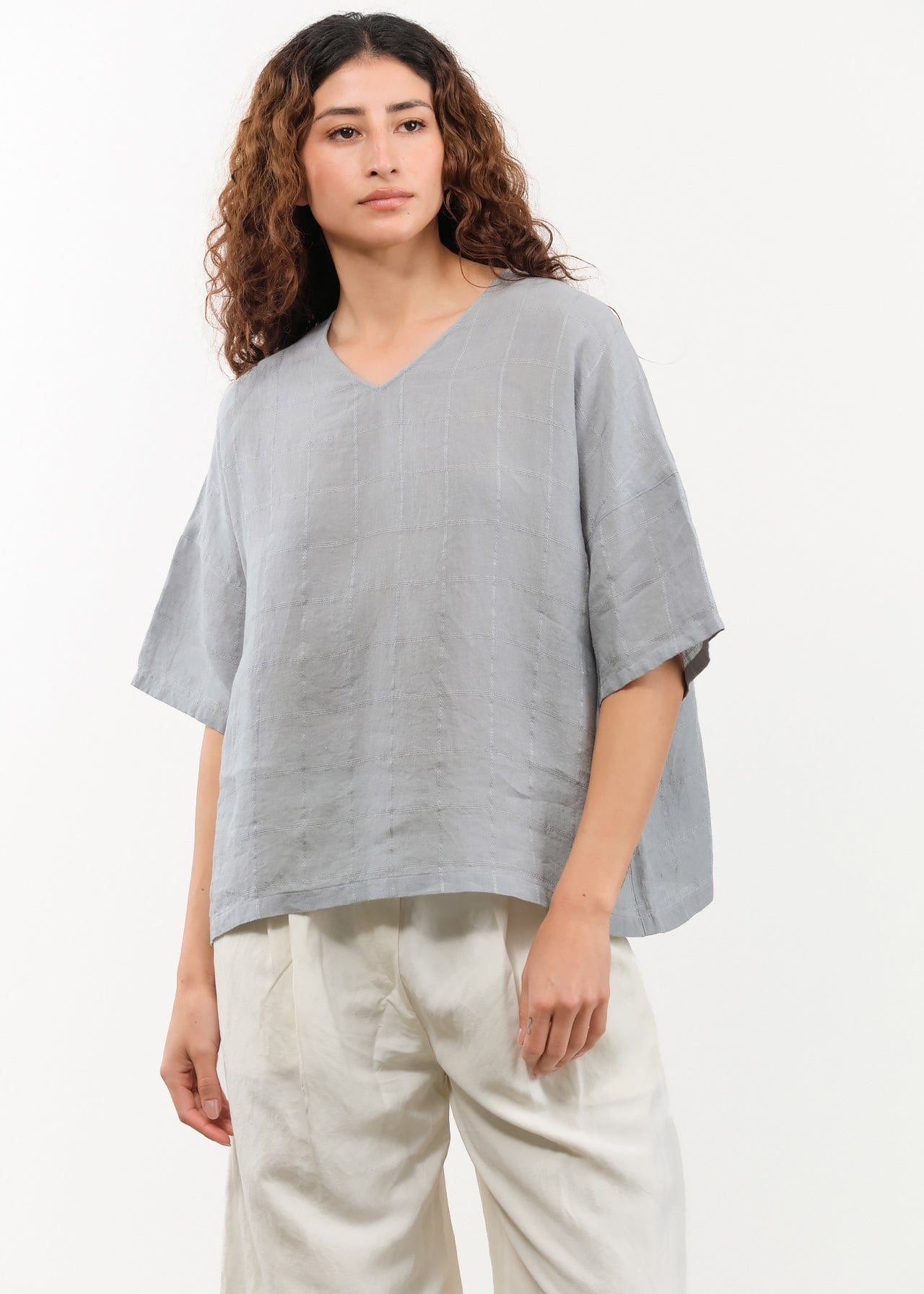 Evam Eva Apparel Womens Sweaters Linen Stitches Pullover in Fog Fog / One Size