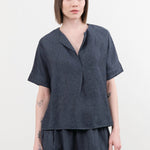 Evam Eva Apparel Womens Blouses Linen Tuck Pullover in Navy Navy / One Size