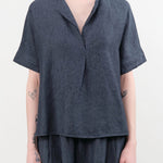 Evam Eva Apparel Womens Blouses Linen Tuck Pullover in Navy Navy / One Size