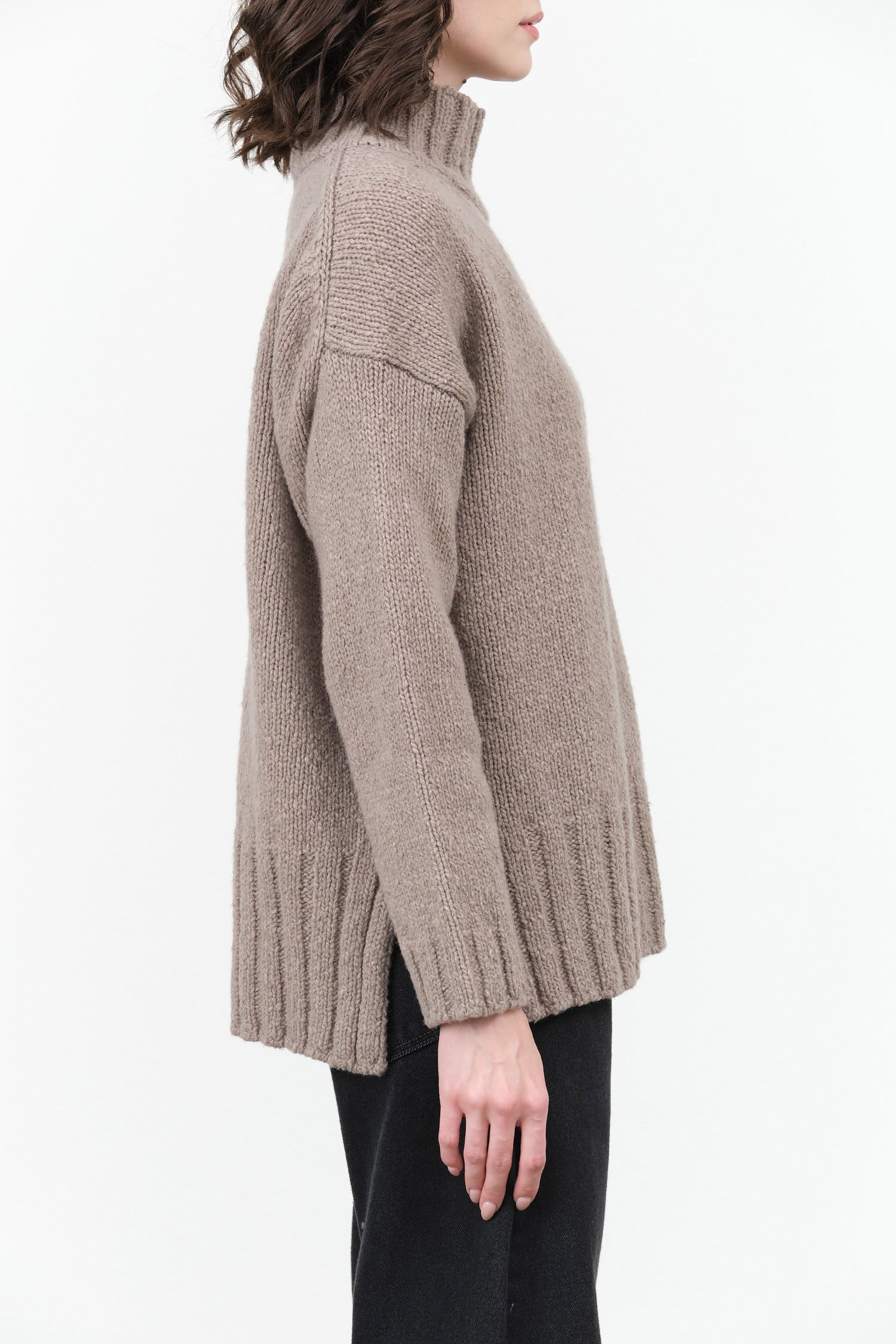 Evam Eva Japanese Designer Brand Long Sleeve Renew-Wool Thick Turtleneck Sweater in Mocha Brown Tan