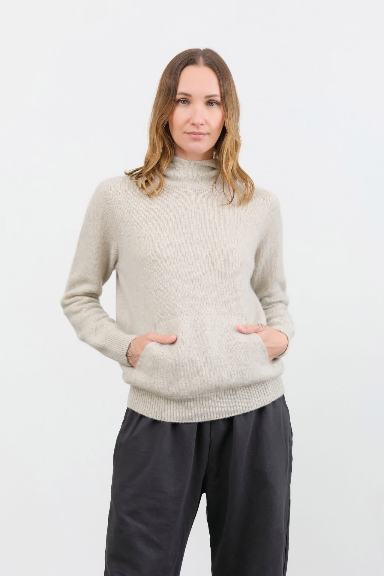 Evam Eva Apparel Womens Sweaters Seamless Cashmere Parka in Light Gray