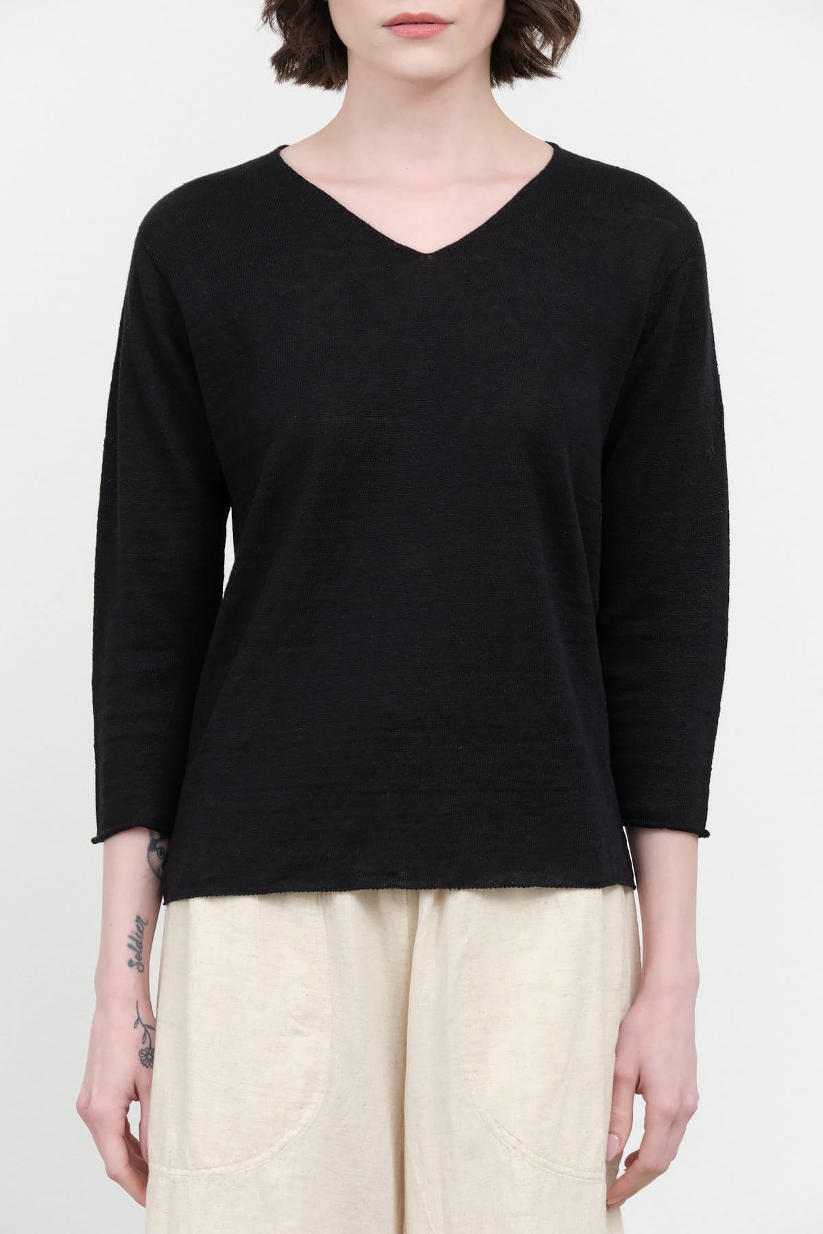 Front view of Washable Linen V Neck Pullover in Black