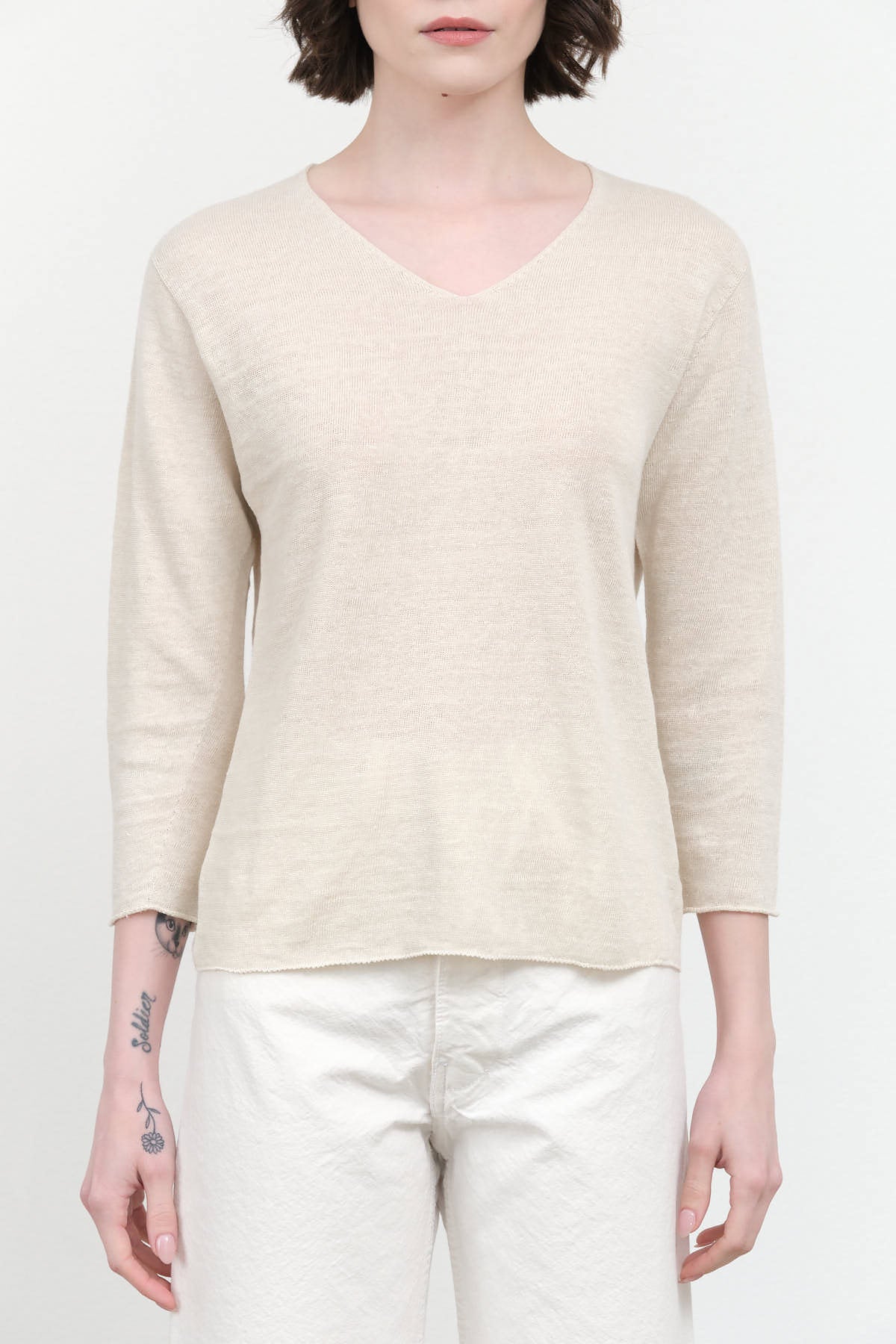 Front view of Washable Linen V Neck Pullover in Ivory